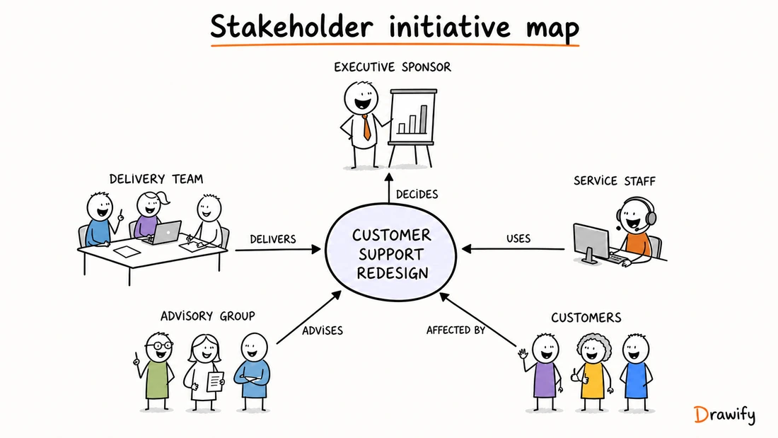 Illustrated stakeholder map with explicitly labelled relationships