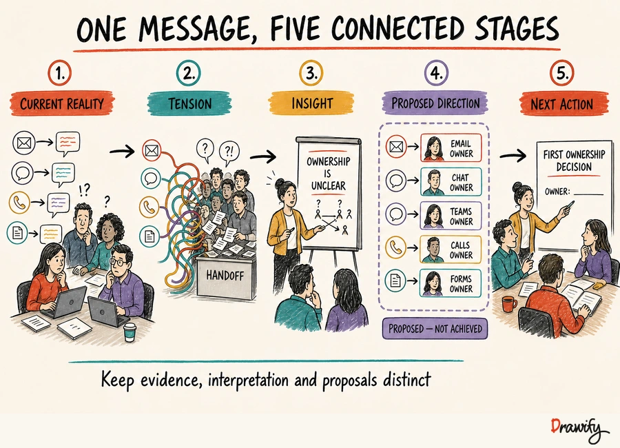Five-stage hand-drawn visual story created with Drawify illustrations