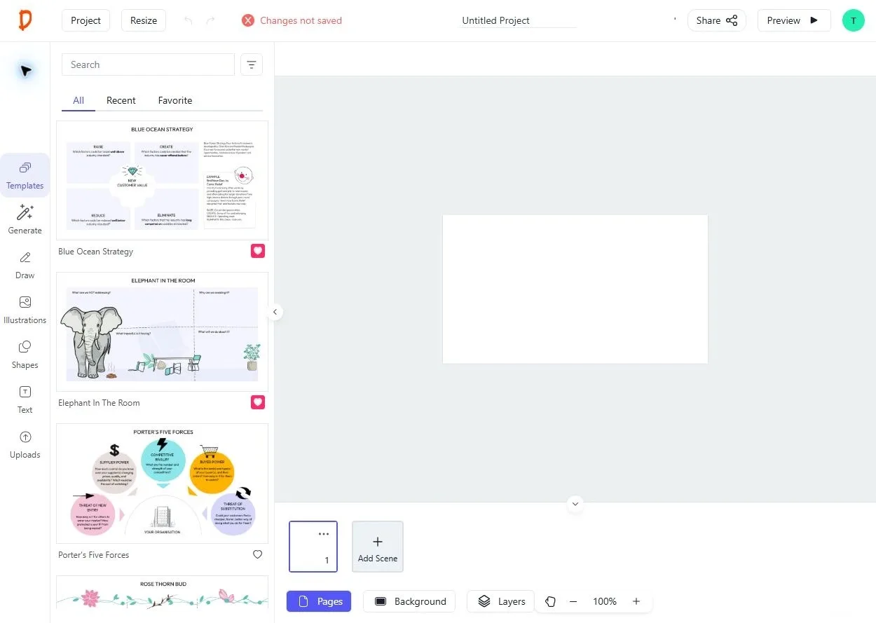 Drawify editor showing the template library with visual starting points such as Blue Ocean Strategy, Elephant in the Room and Porter's Five Forces