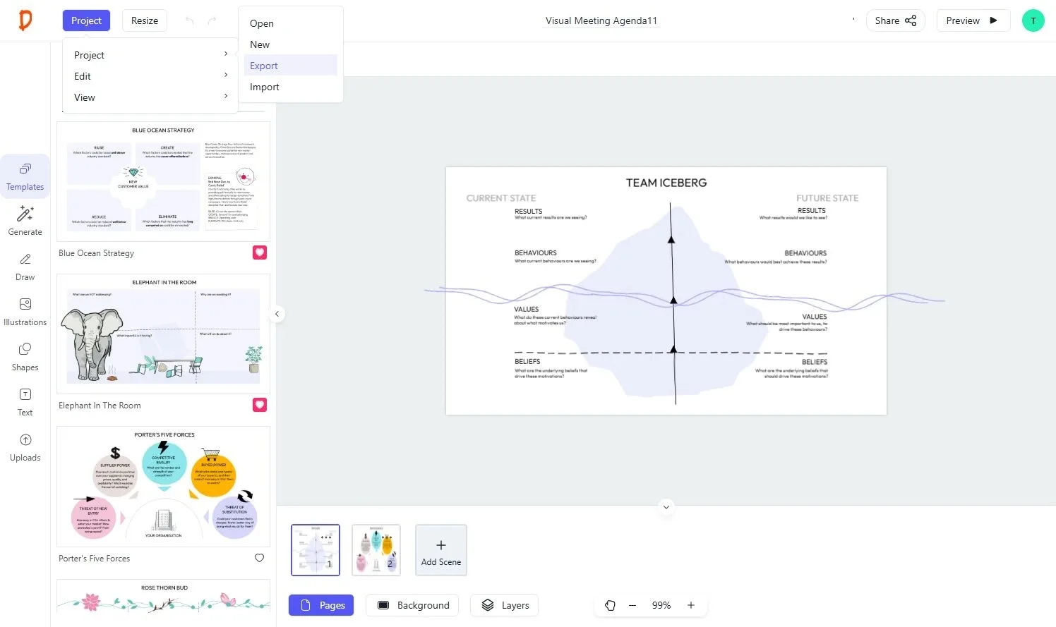 Drawify editor showing the Project menu with the Export option for a completed visual story