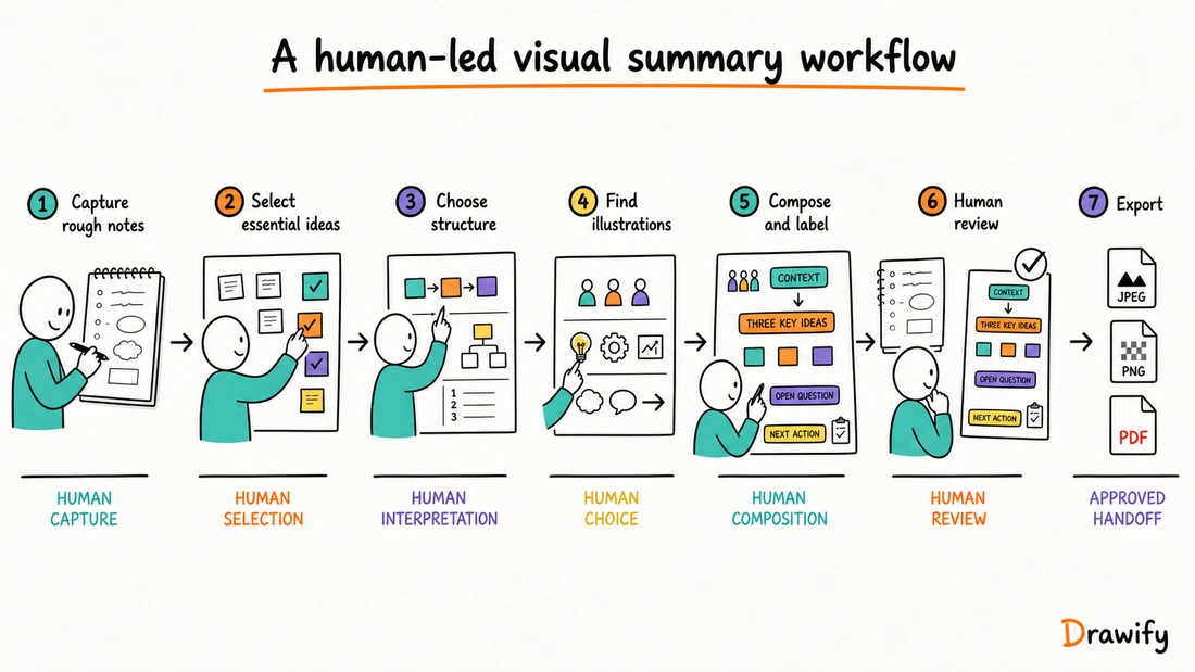 Drawify workflow from rough notes to a reviewed visual summary
