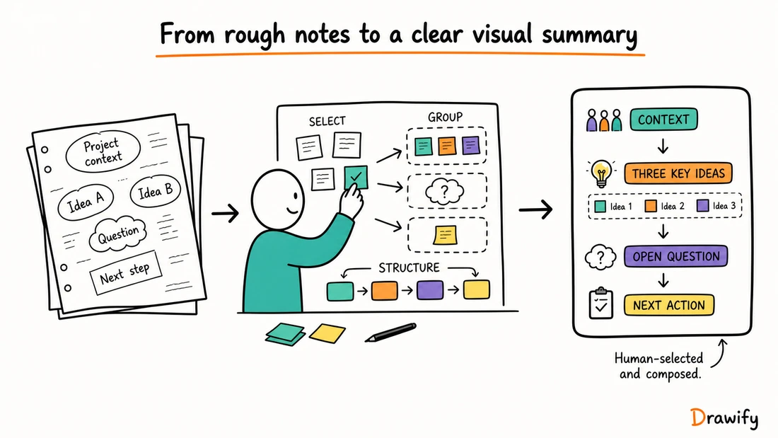 Rough notes organized into a human-composed sketchnote-style visual summary