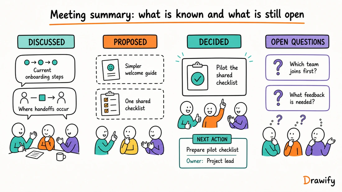 Visual meeting summary separating discussion, proposals, decisions and open questions