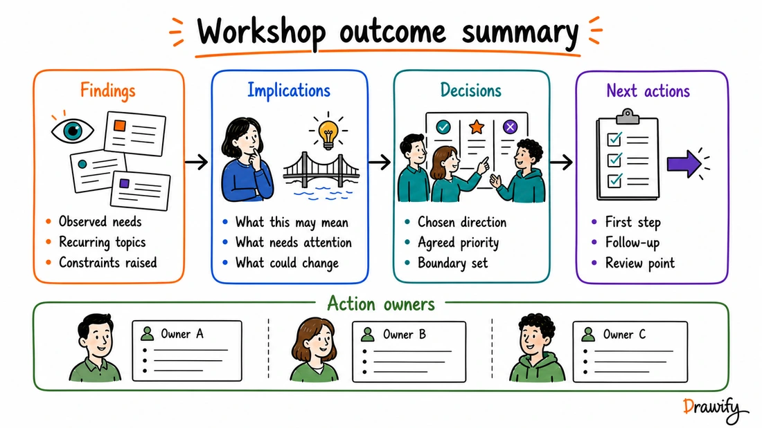 Visual facilitation outcome summary separating findings, implications, decisions and next actions