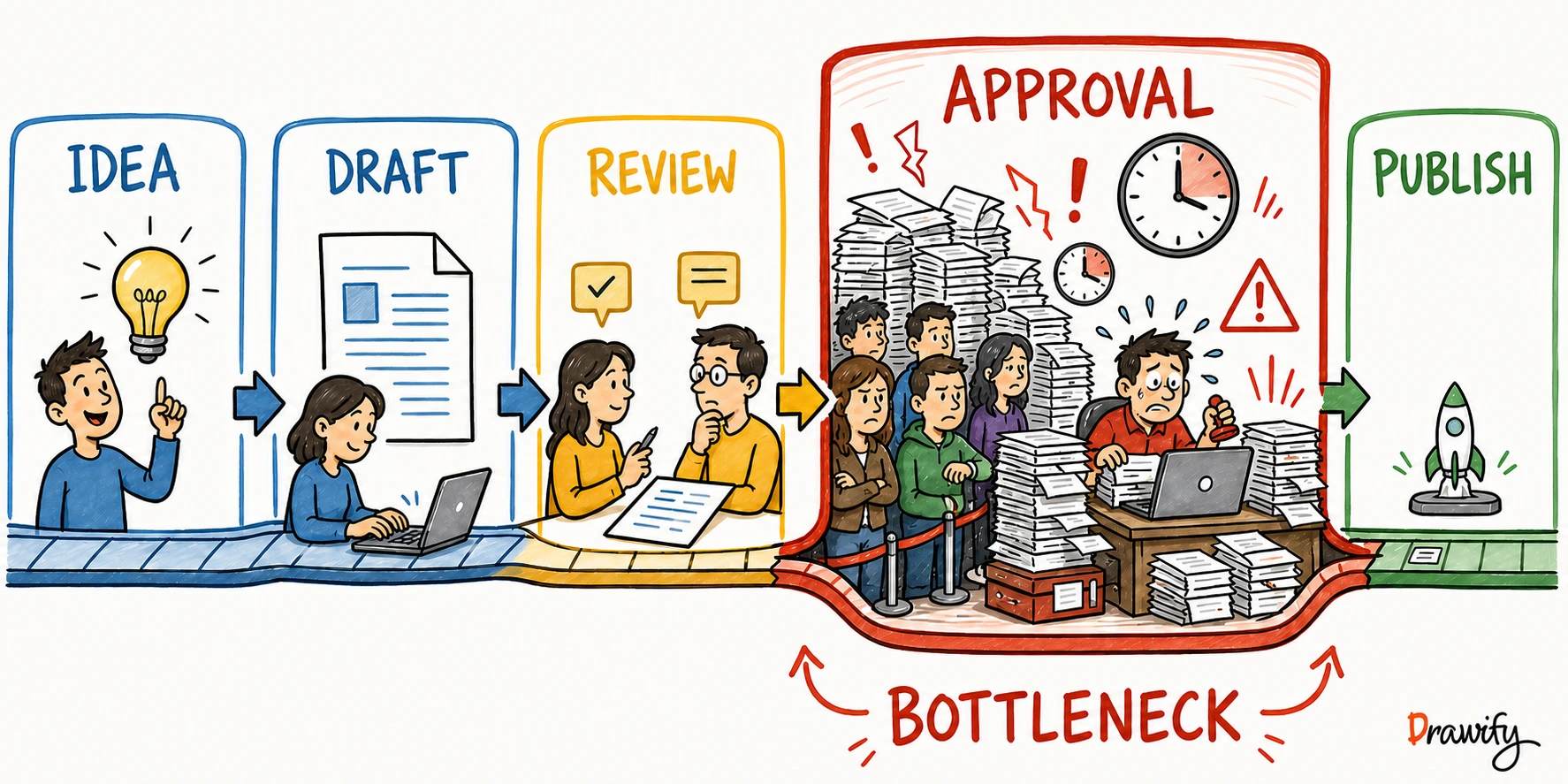 Visual process flow from idea to publication with the approval stage highlighted as a bottleneck